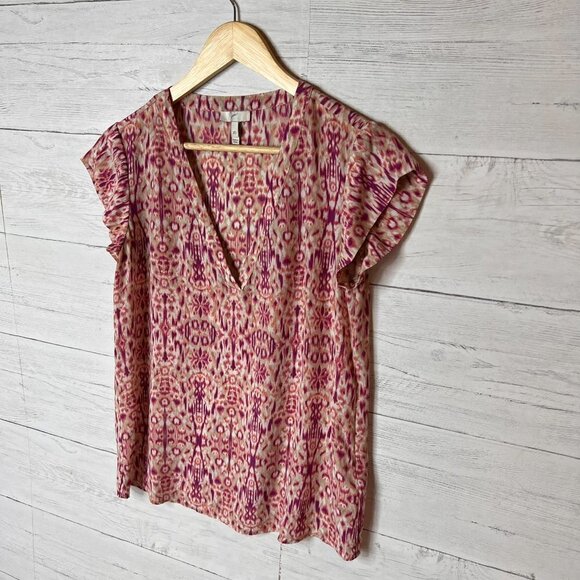 Joie Blouse Womens Size XS Pink Purple 100% Silk Bohemian Abstract Design V Neck - Picture 4 of 12